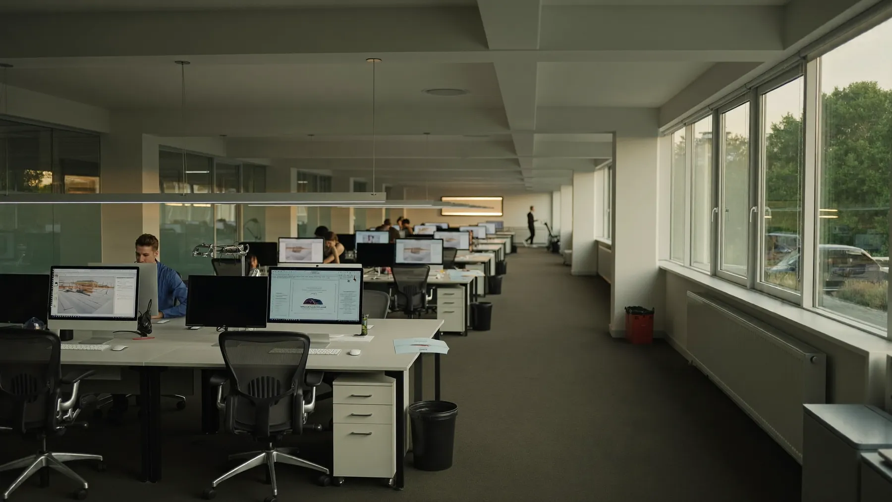 The AskUI office in Karlsruhe in the late afternoon, desks and monitors along a window wall