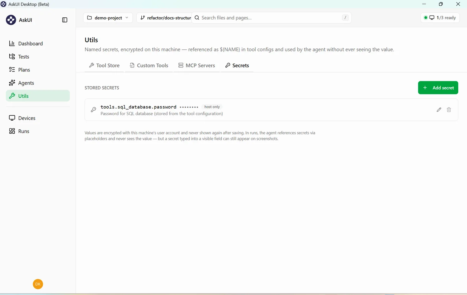 The AskUI Desktop utils screen showing encrypted secrets