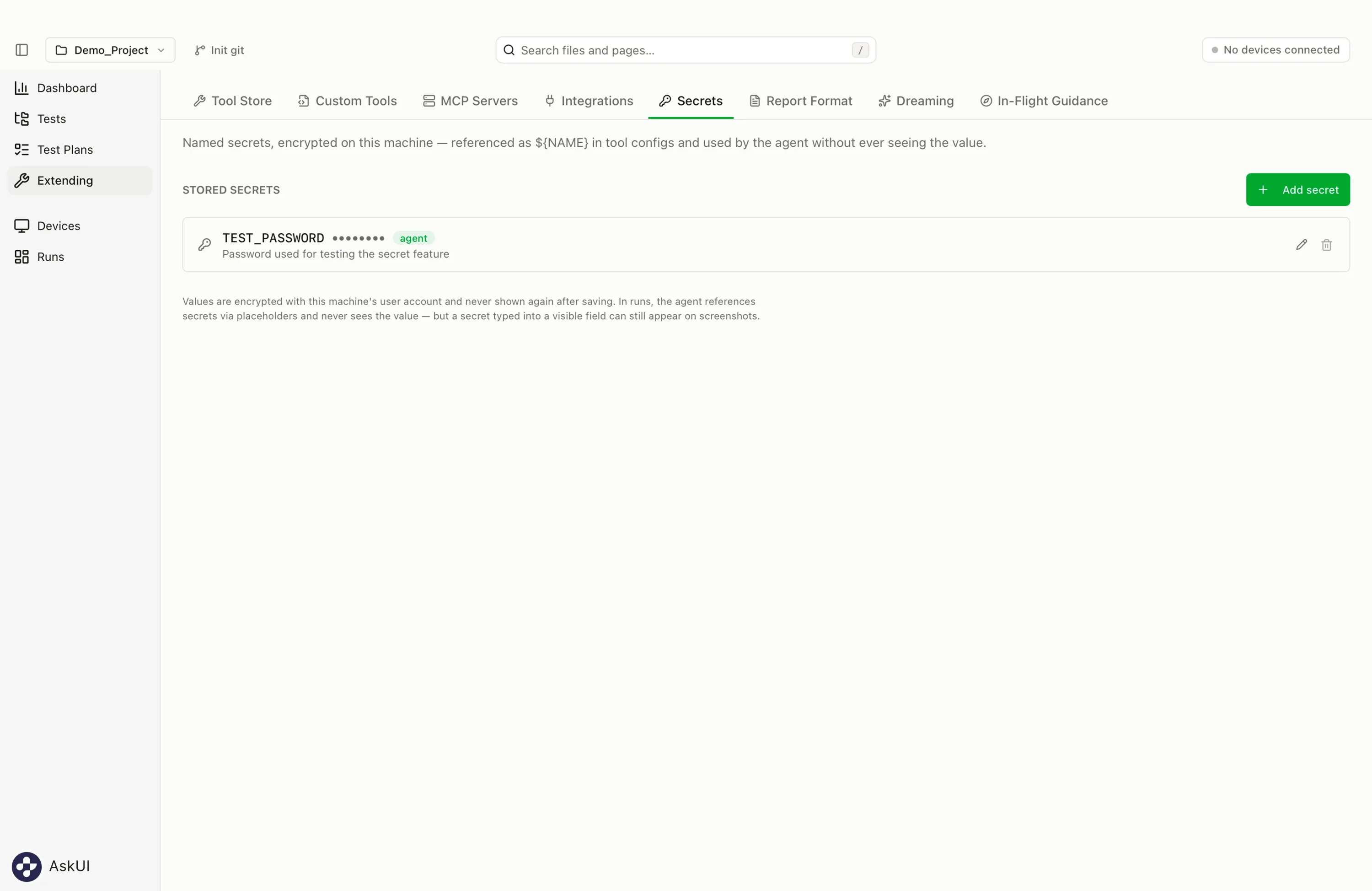 The AskUI Desktop utils screen showing encrypted secrets