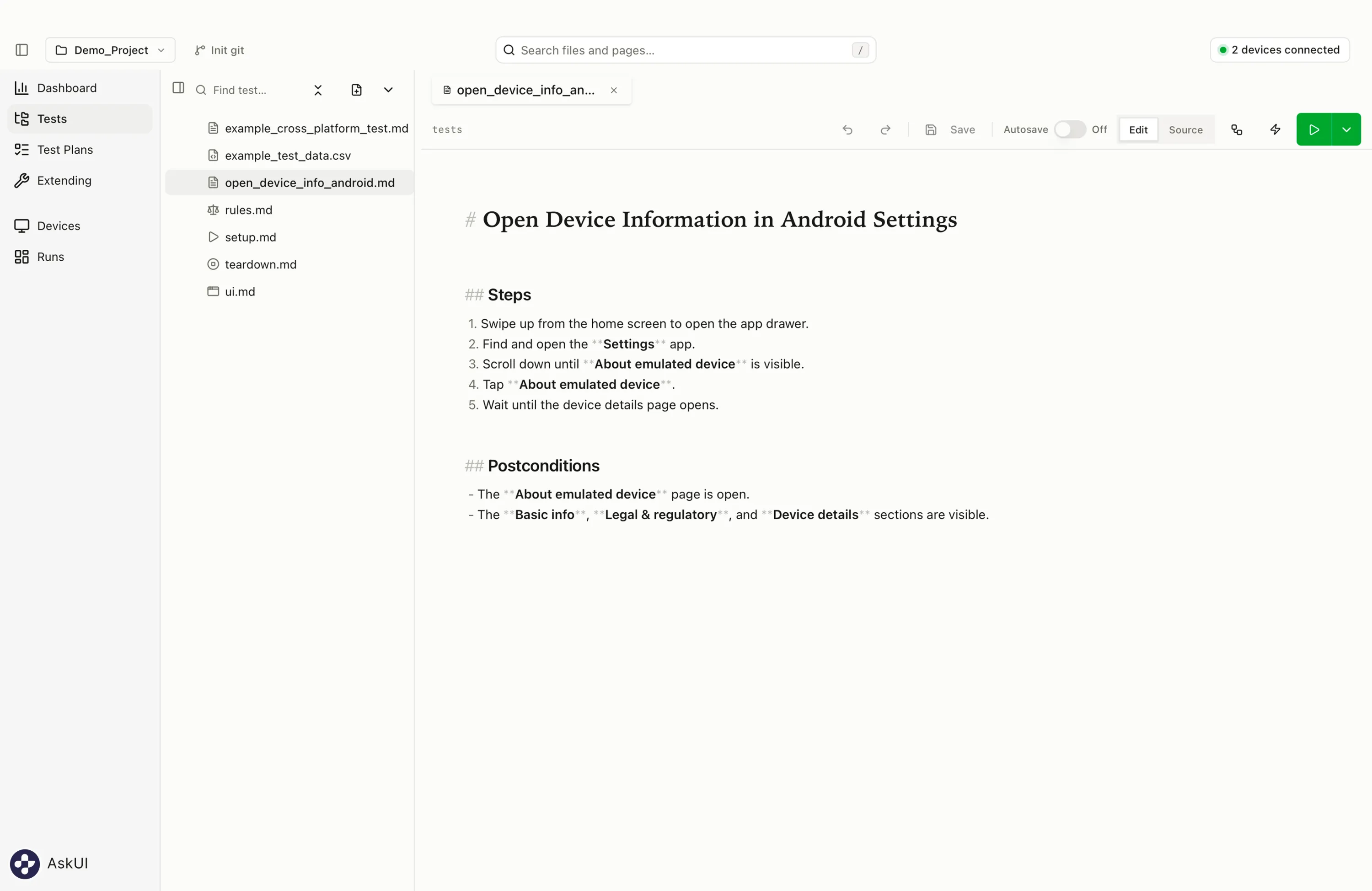 AskUI Desktop showing a Markdown test case open in the editor with a Run button