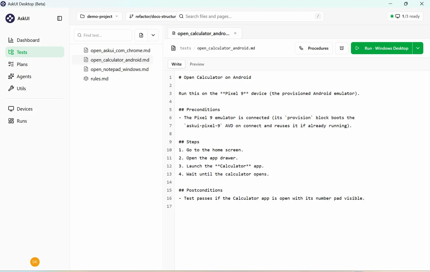 AskUI Desktop showing a Markdown test case open in the editor with a Run button