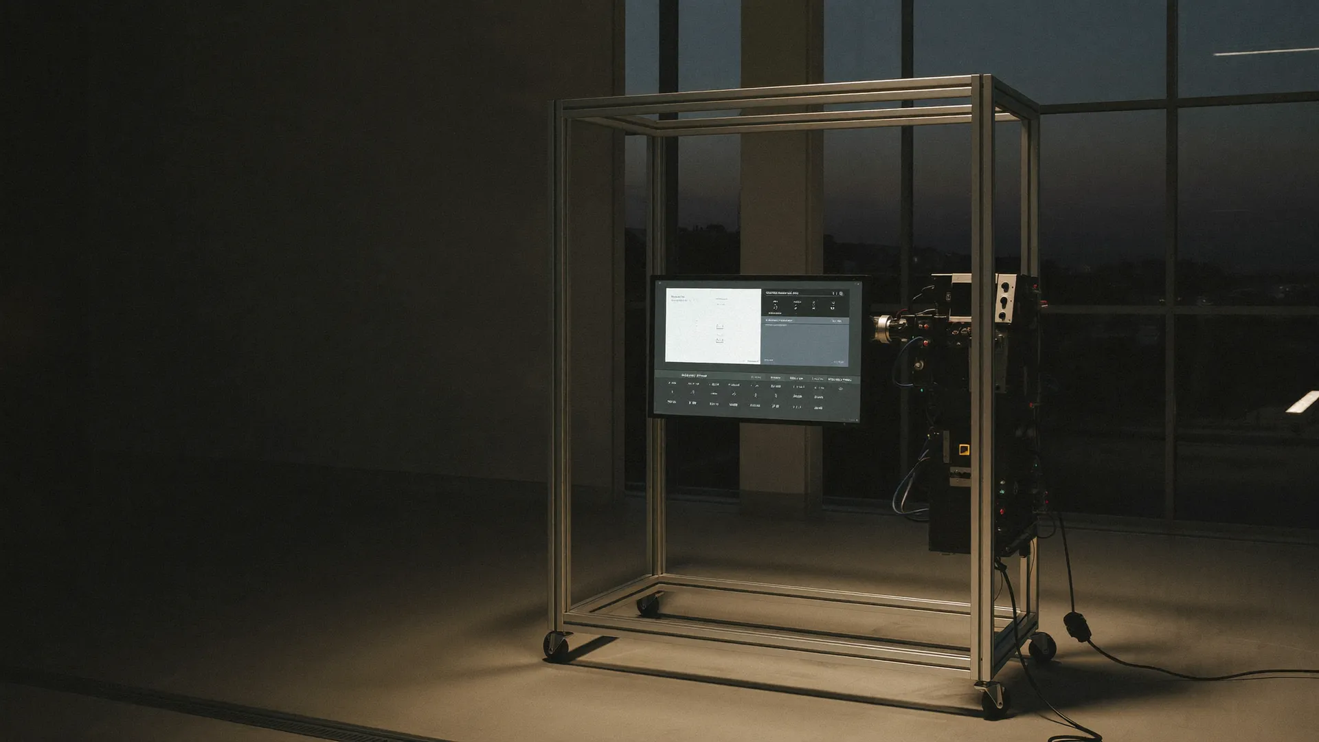 A single infotainment test rig with a glowing display, standing in a dim engineering lab in the evening