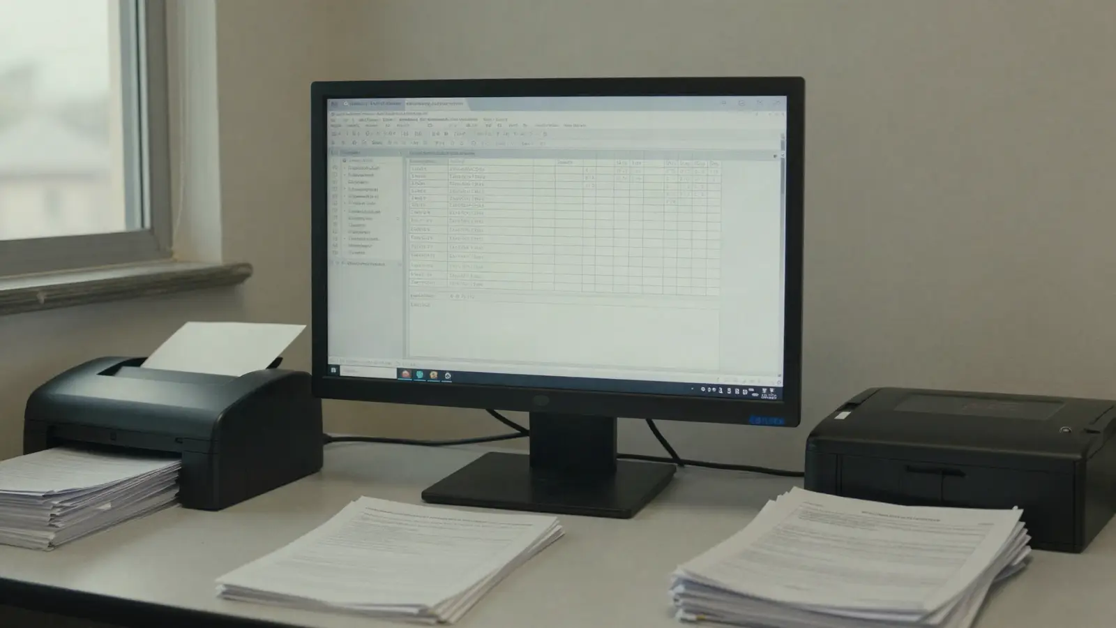 A claims processing desk with a policy administration screen and paper files