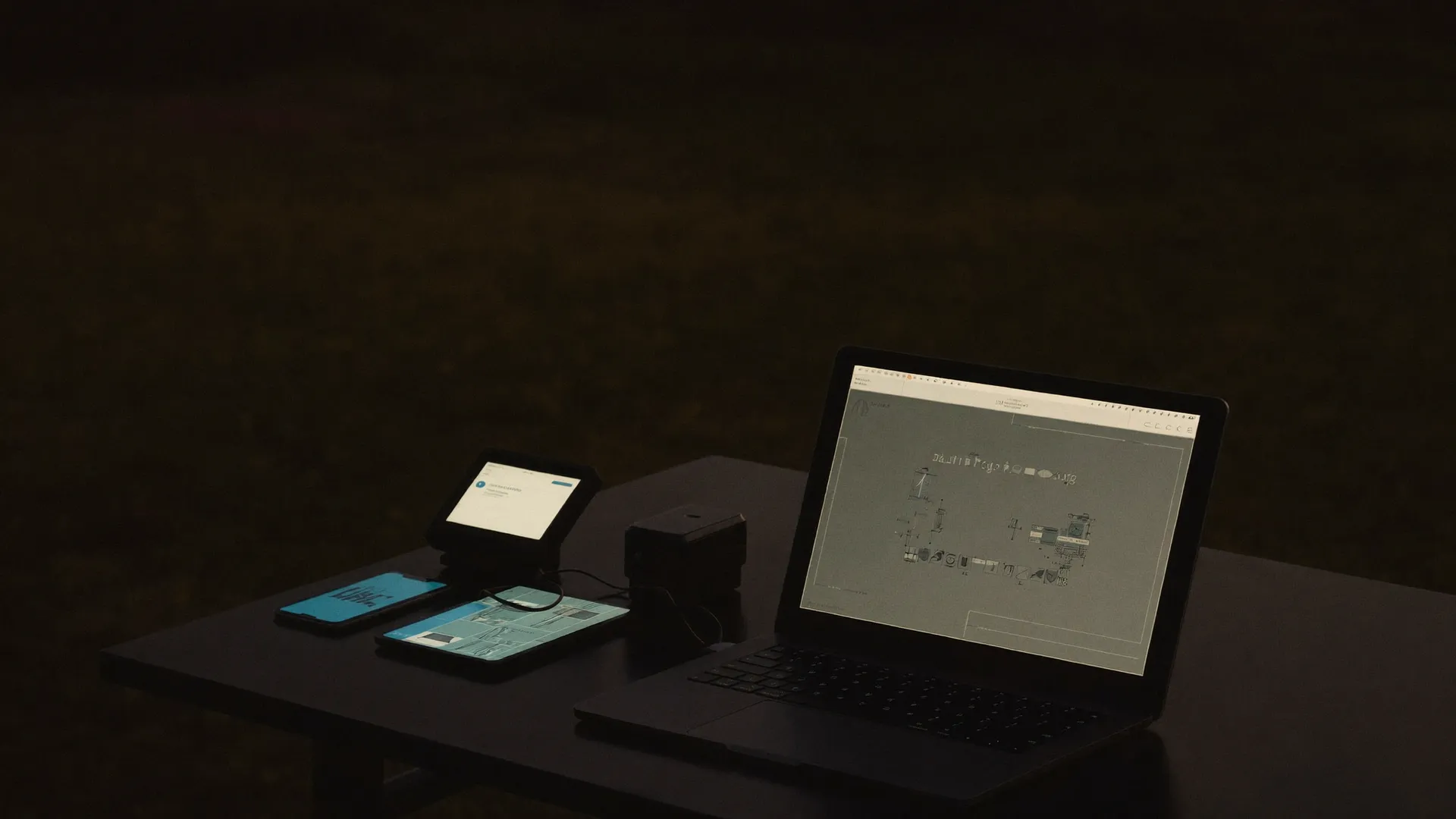 A laptop, tablet, phone and small industrial display connected on a dark workbench