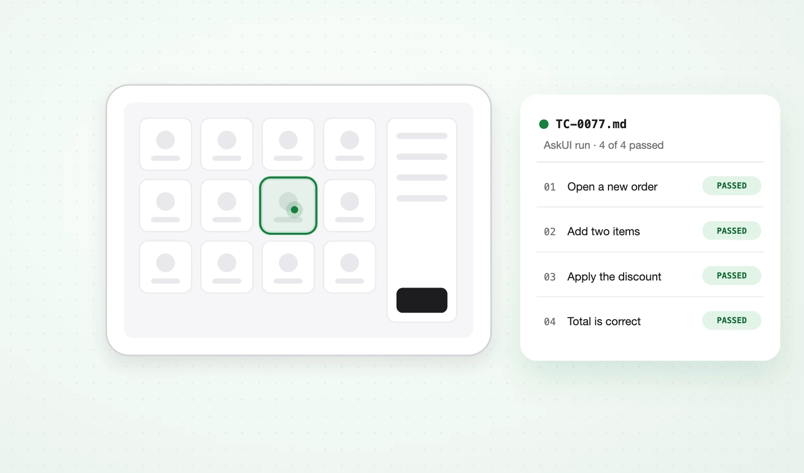 Illustration: a canvas-based POS app on a tablet with an AskUI run report