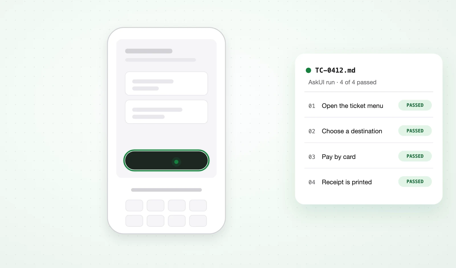 Illustration: an Android POS terminal with an AskUI run report for a ticket purchase