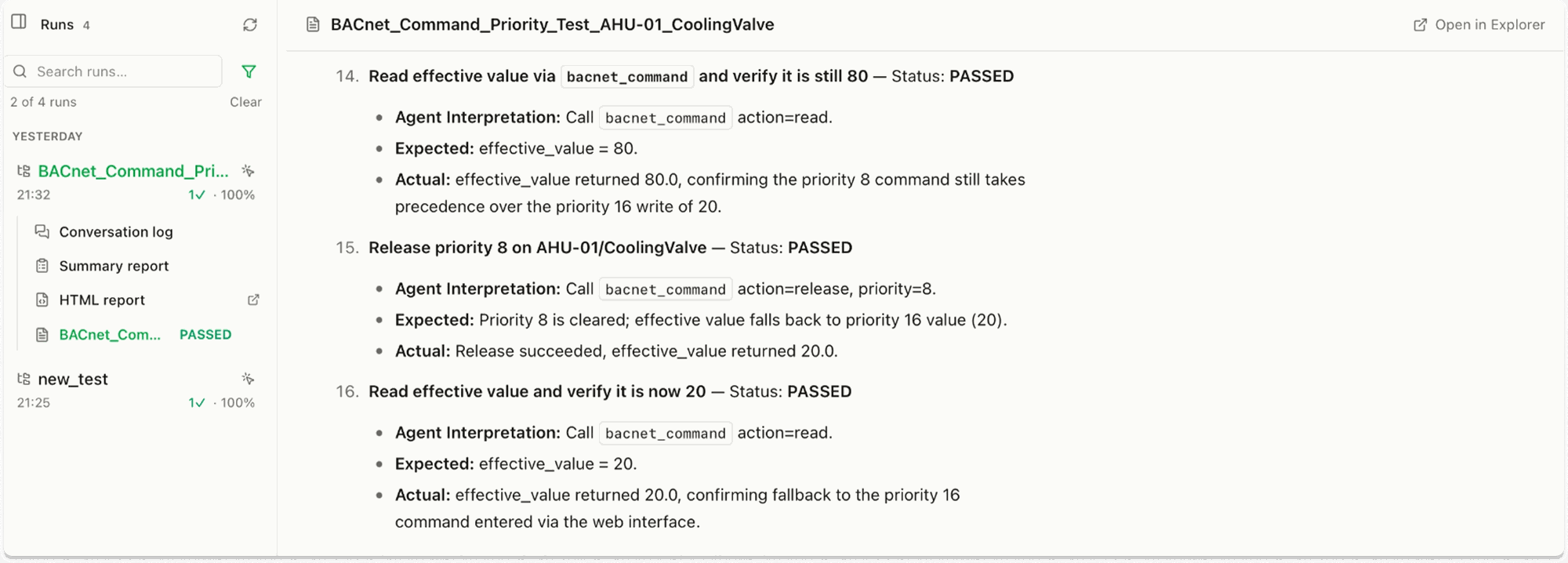 The test report shows successful value verification and priority release operations using bacnet_command.