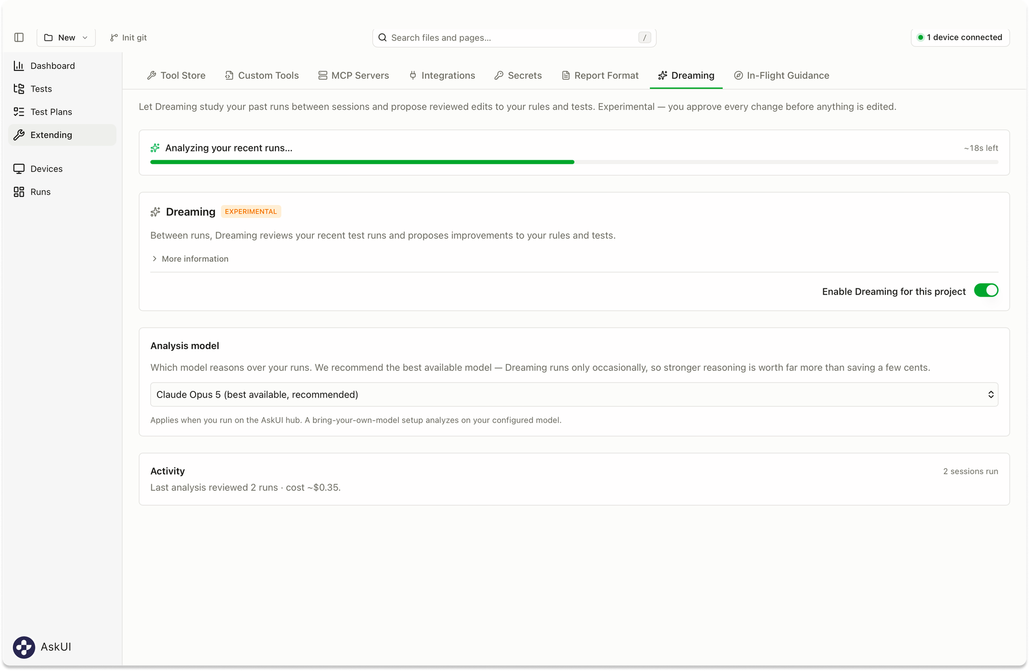 AskUI Dreaming analyzing completed test runs for possible improvements to the test project.