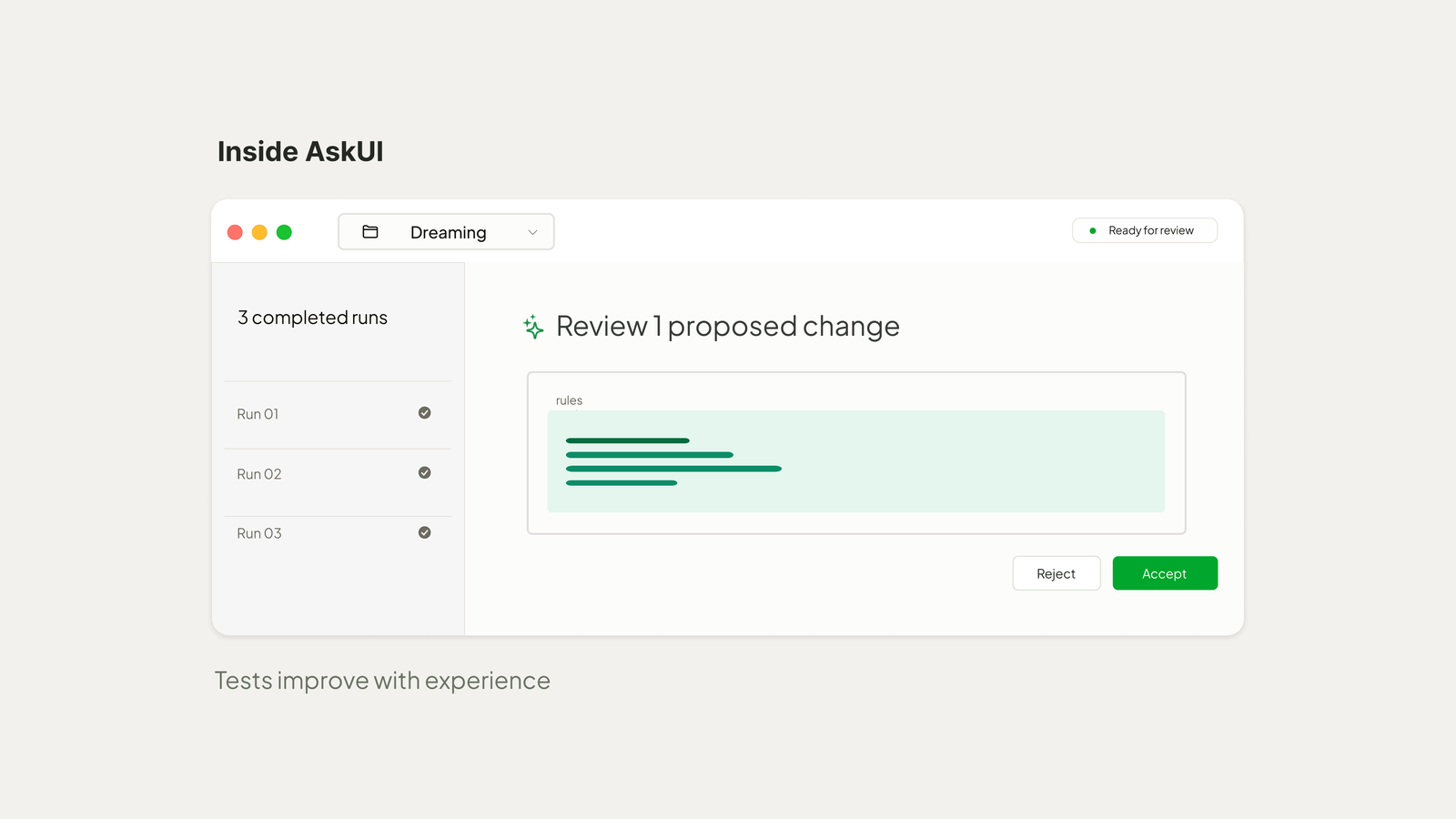 Dreaming: When Your Test Suite Improves With Experience