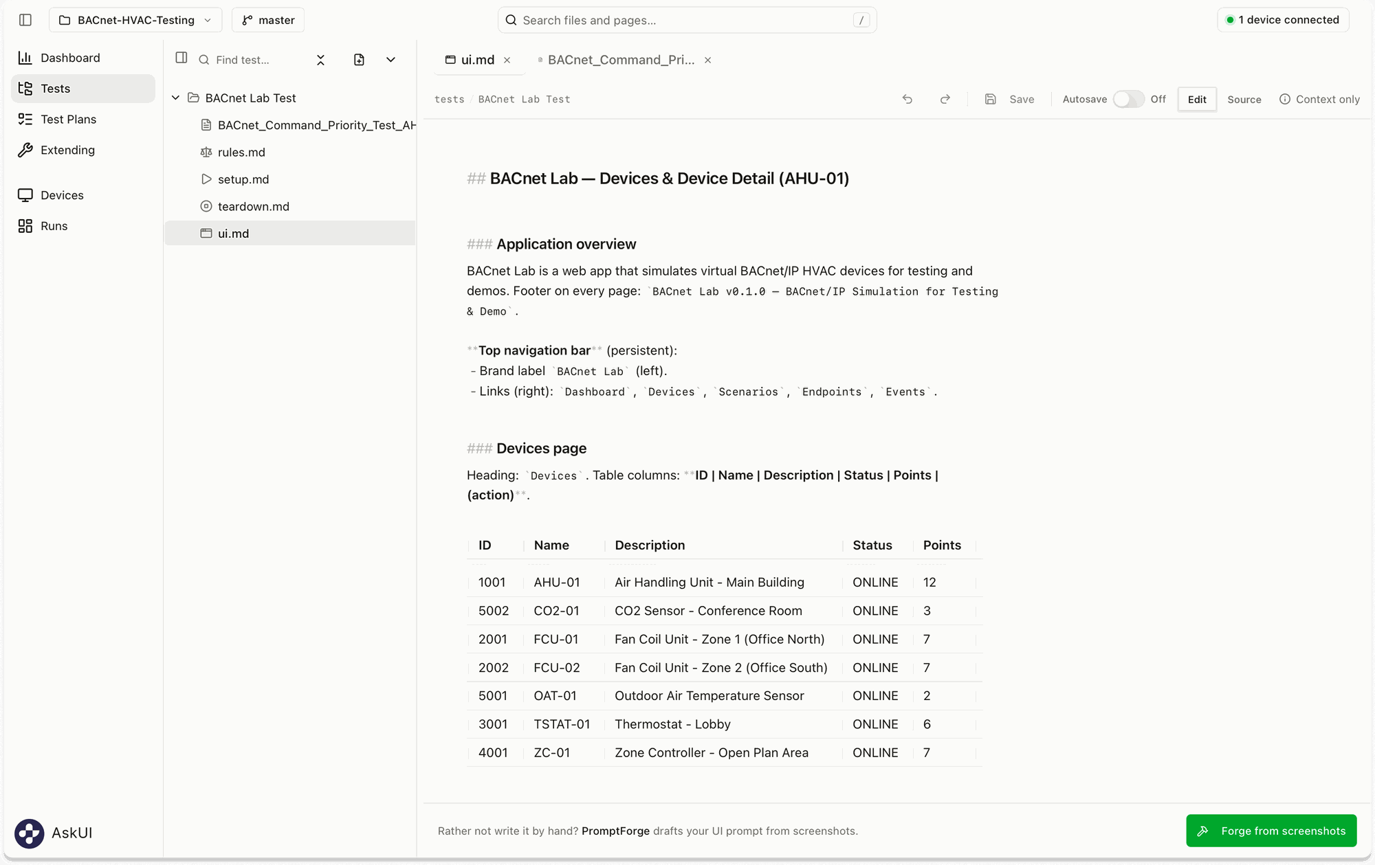 The ui.md generated by PromptForge, containing application navigation and device information for the testing agent.