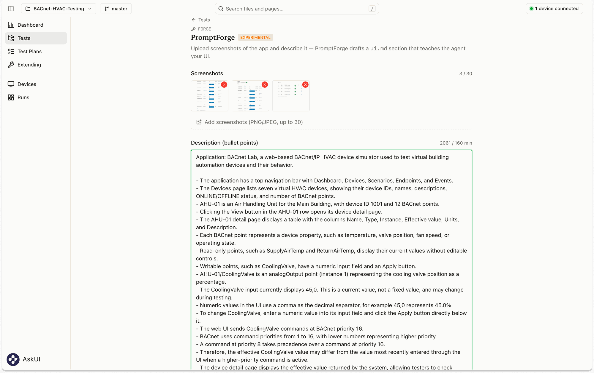 Screenshots and application-specific instructions provided to PromptForge