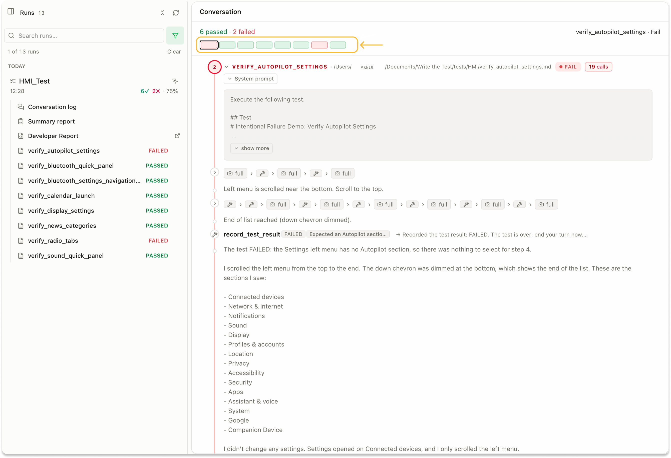 Colored tiles show individual test outcomes and provide direct navigation to their execution records.