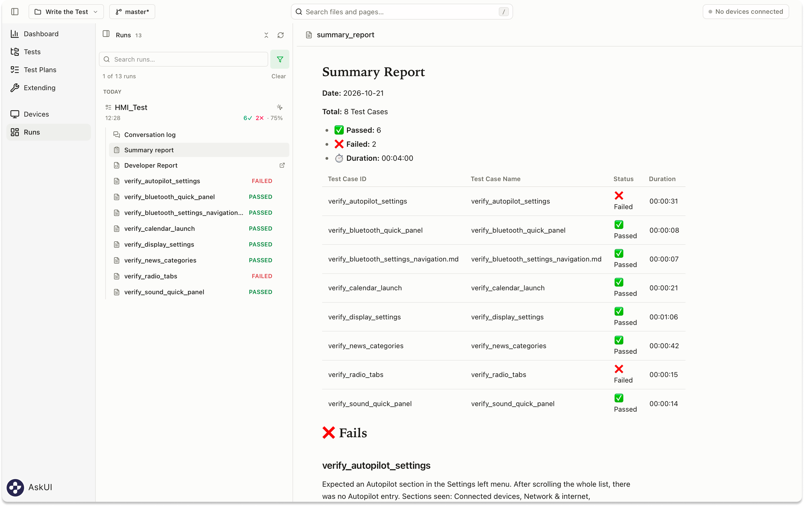 The Summary report shows overall results and the status and duration of each test in the selected run.