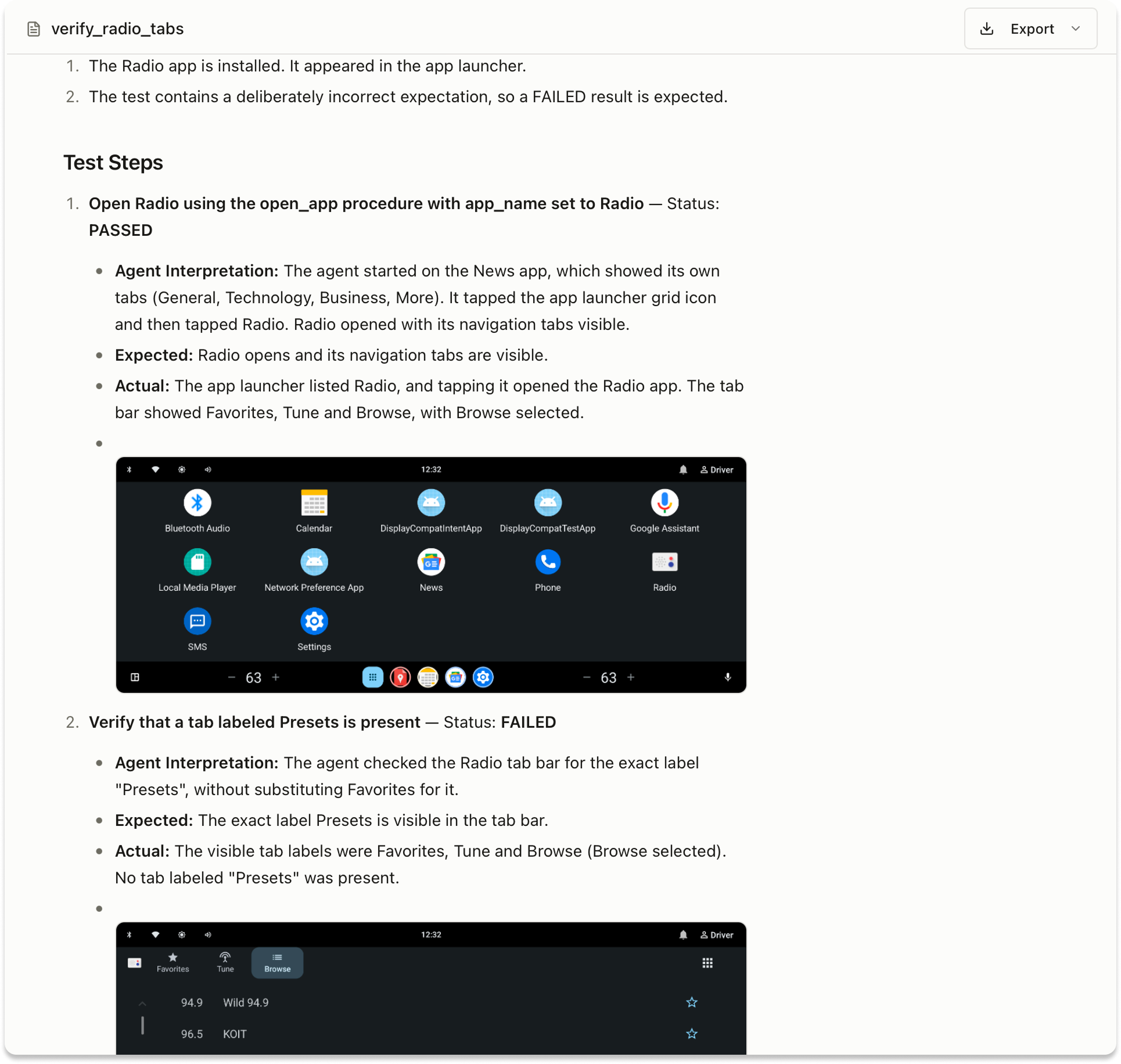 The Radio execution report separates the successful app launch from the failed Presets check, with the agent’s interpretation, expected and actual results, and screenshots.