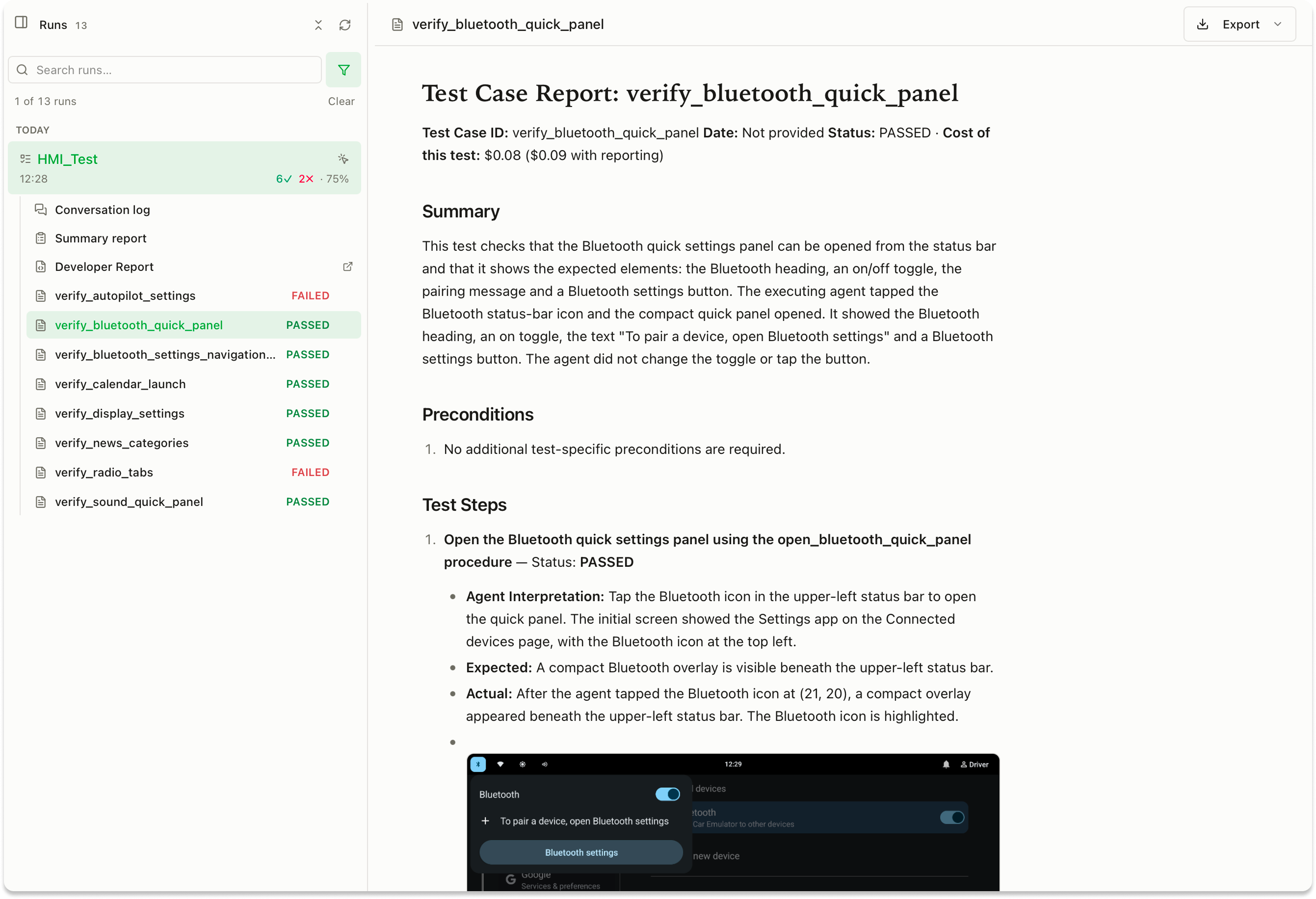 The Bluetooth report records the verified controls and preserved state behind the passed result.
