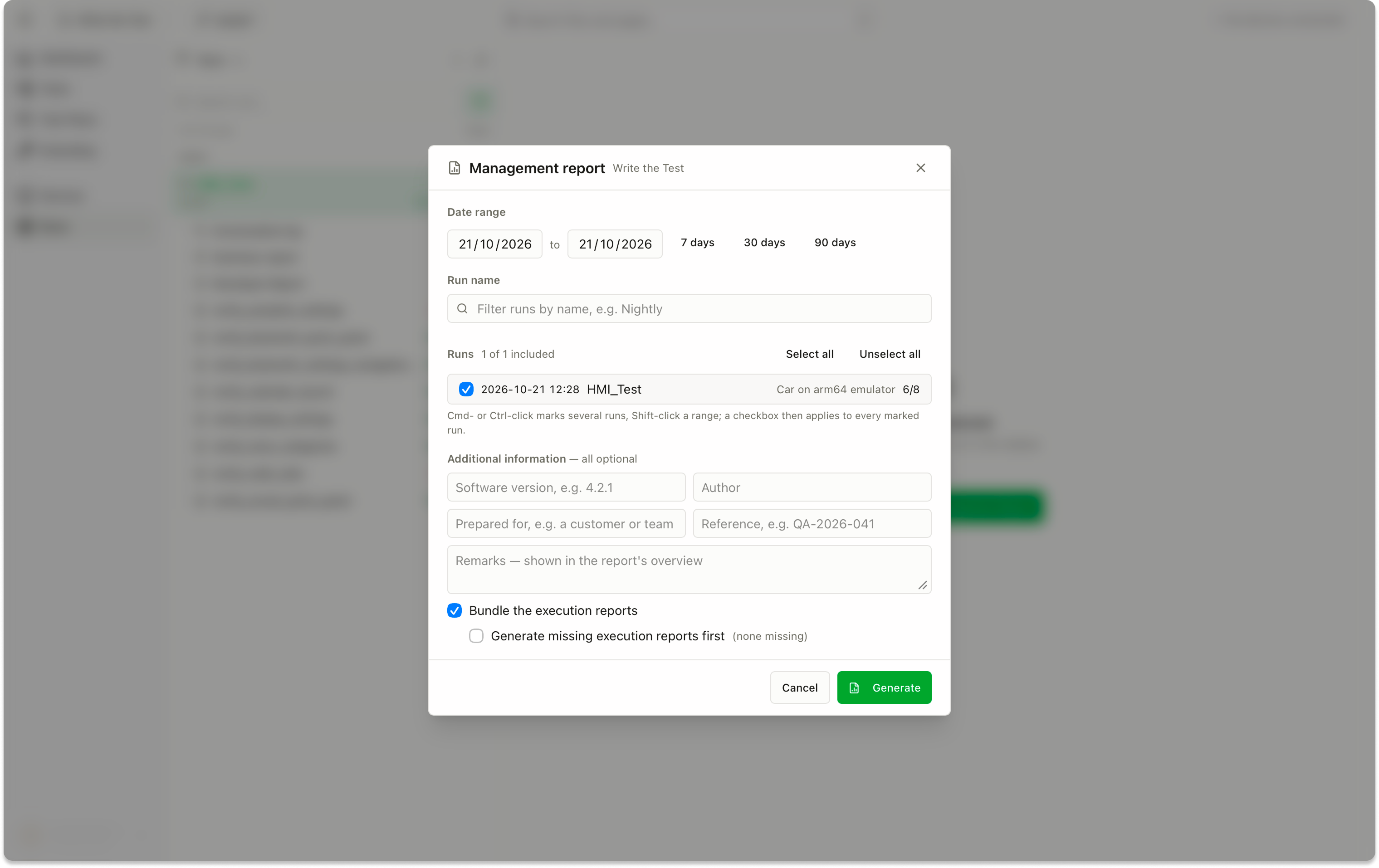 Choose the reporting period and runs to include in the Management Report.