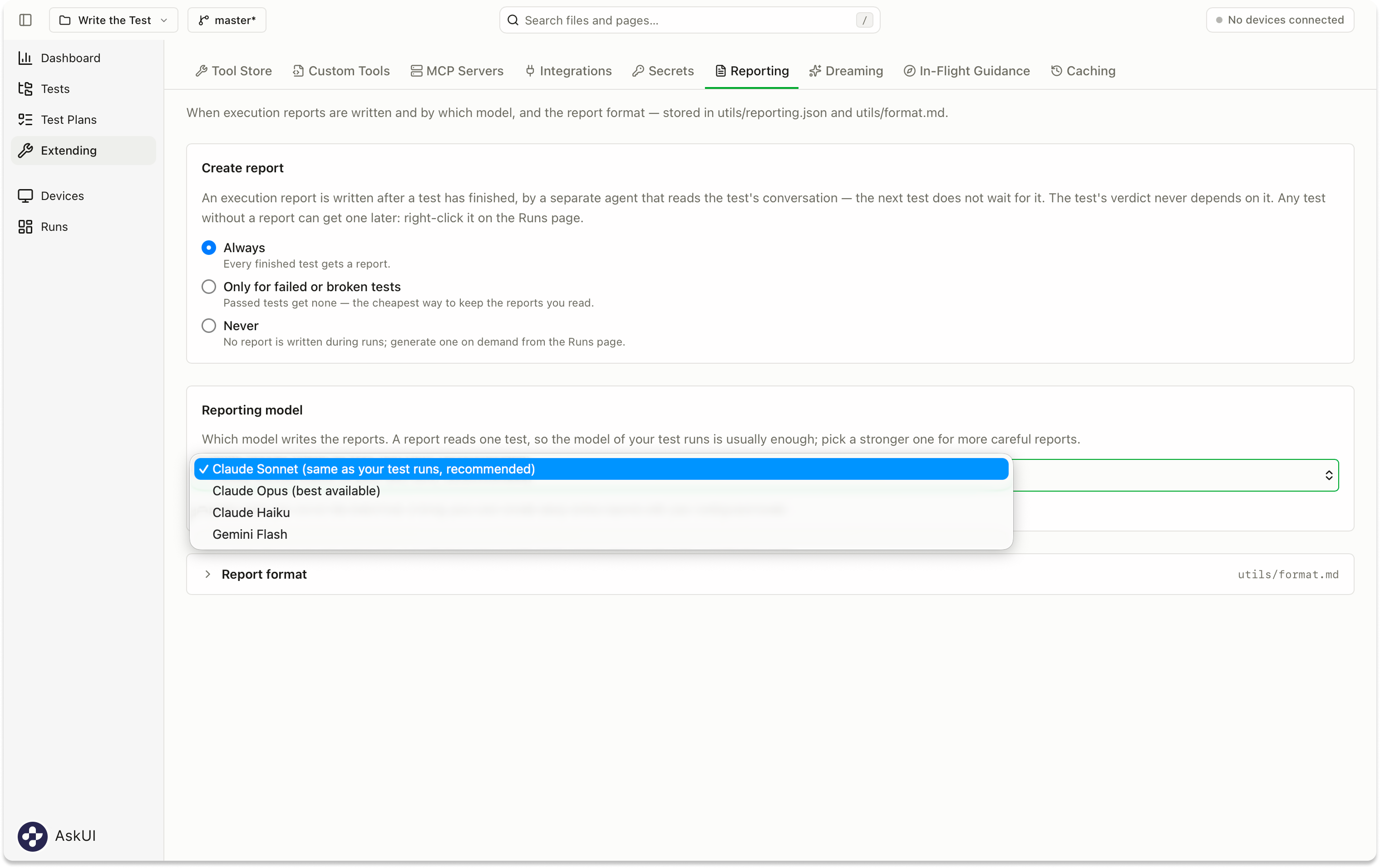 Set the automatic reporting policy and select a reporting model in Extending → Reporting.