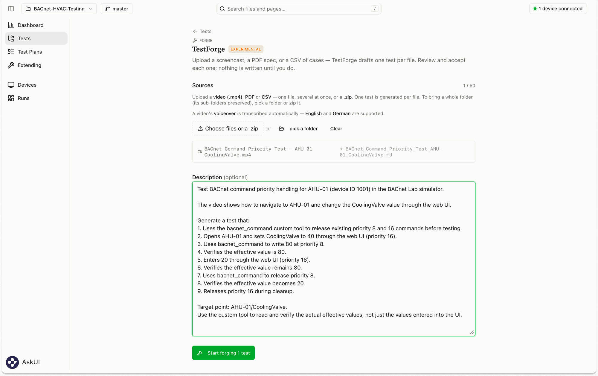 A narrated screen recording and additional test instructions provided to TestForge.
