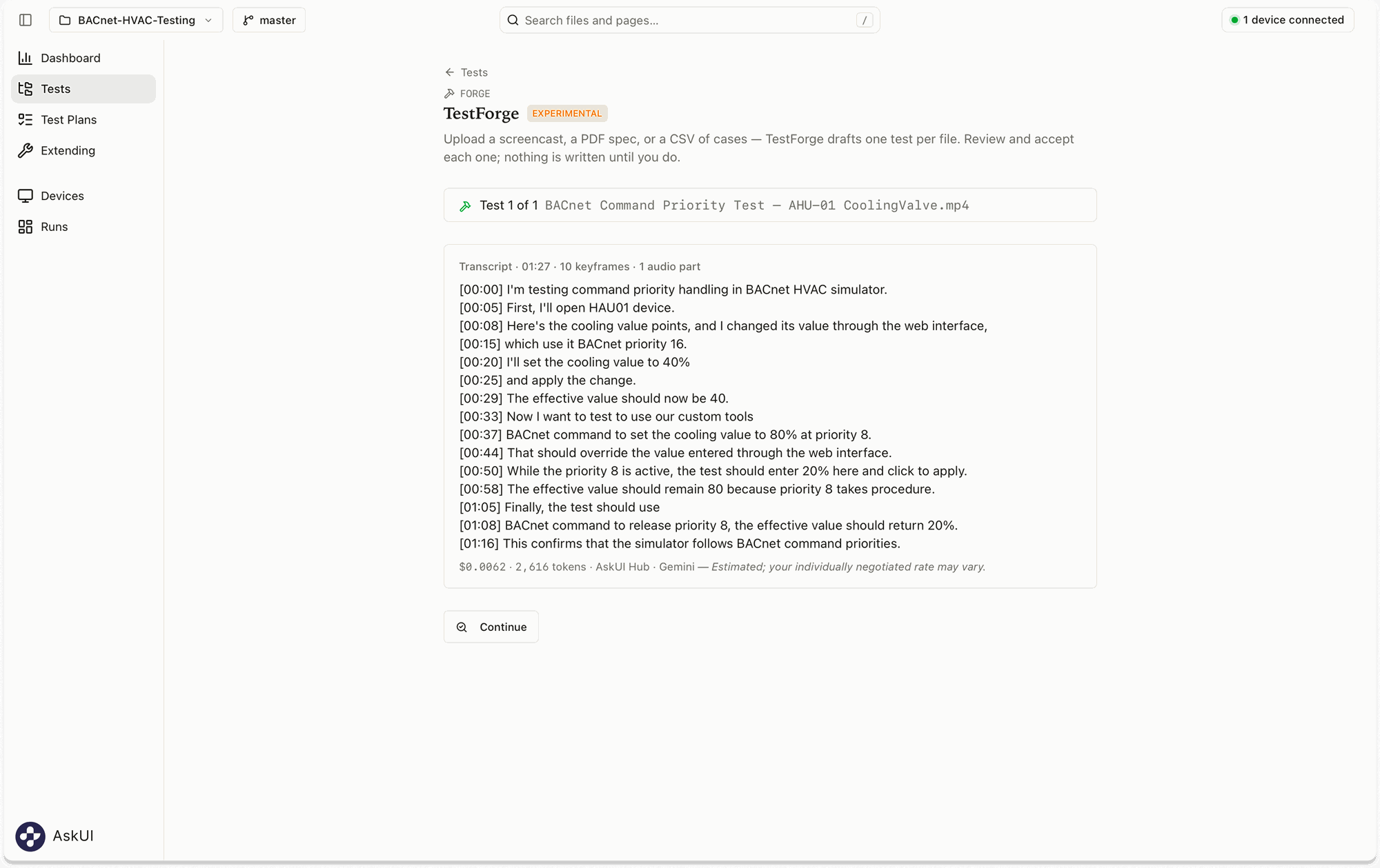 The recorded narration is transcribed as part of the test generation process.