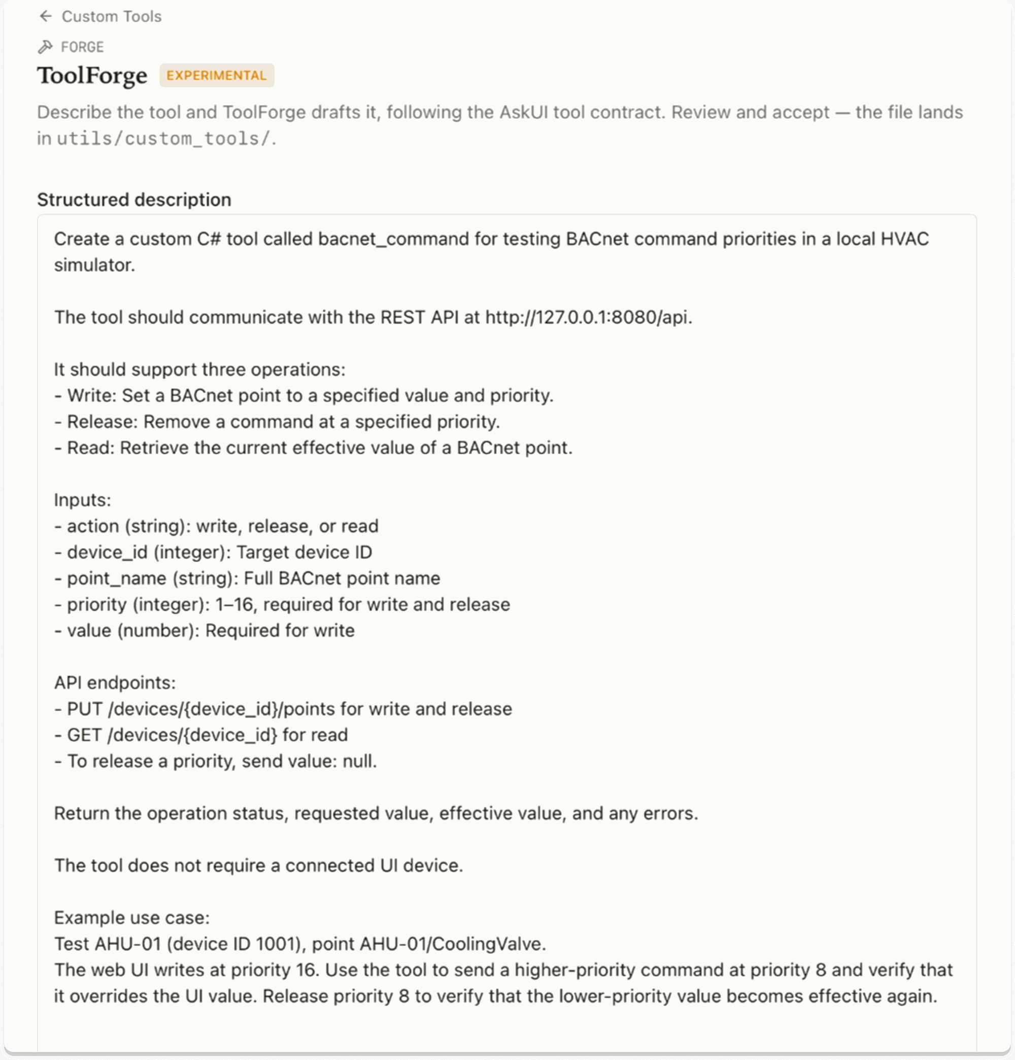 Defining the BACnet command tool's operations and API requirements in ToolForge.