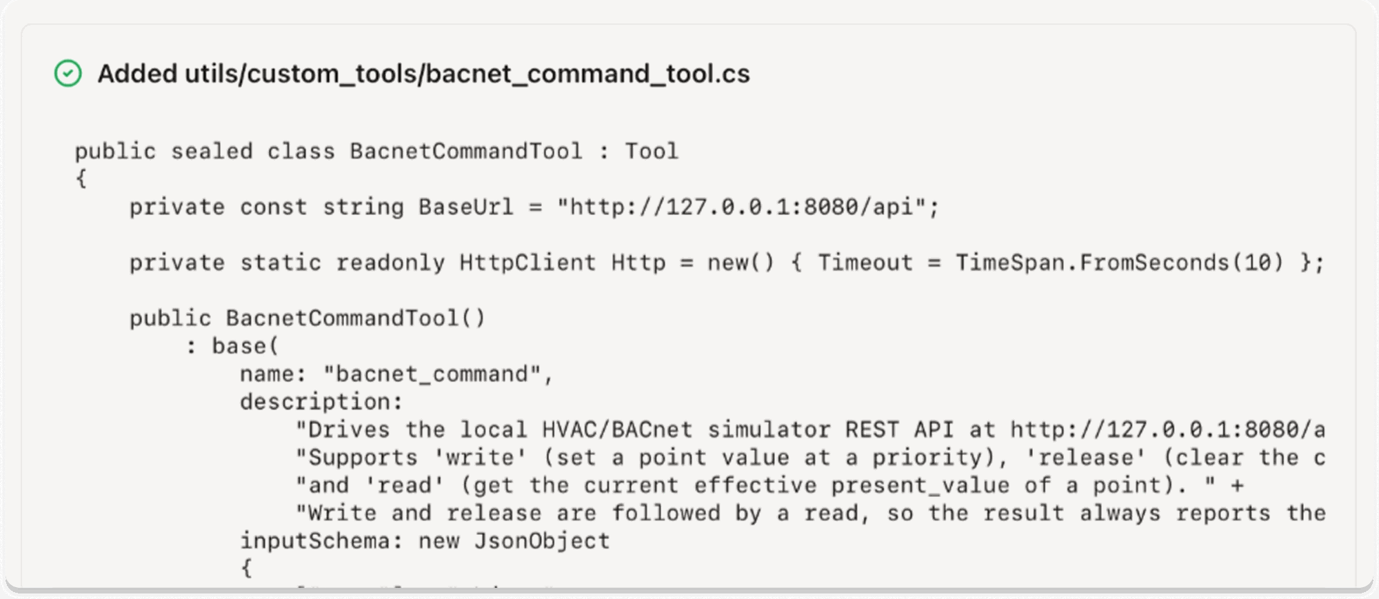 ToolForge generates bacnet_command_tool.cs, registering bacnet_command as a custom tool for the testing agent.
